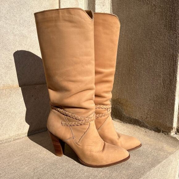 dingo Shoes - Vintage Dingo 80s high heeled suede yellow tan leather braid detail boots